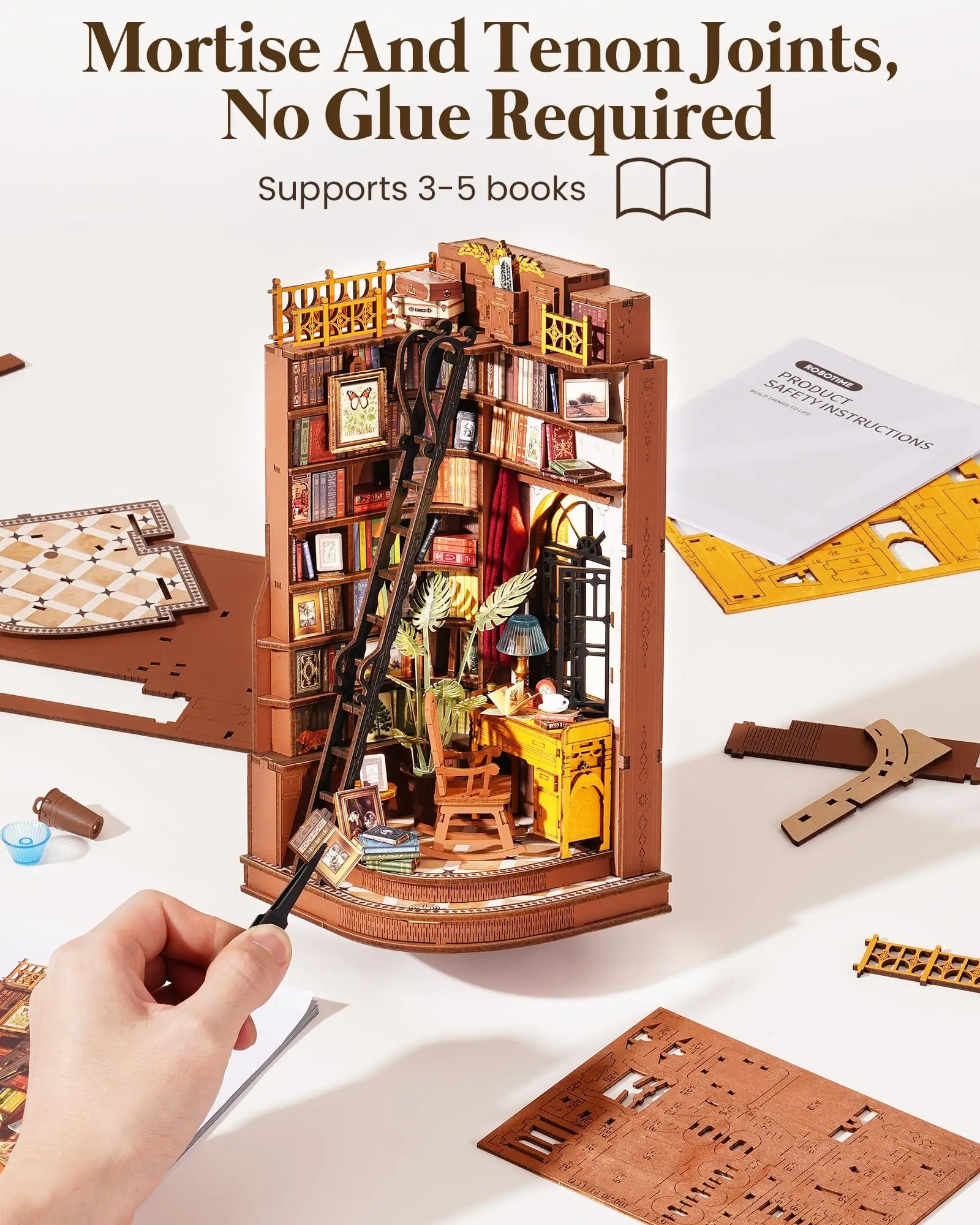 Robotime Book Nook Kit British Library DIY Vintage Bookshelf Diorama Decor Relaxation Gift Teens Adults