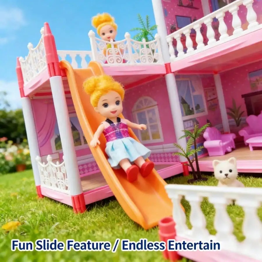 Children's Day Best Gift Princess Castle Dollhouse Playset, DIY Pink 4-Room House with Slide & Dolls, Creative Pretend Play Toy for Girls Ages 3-12