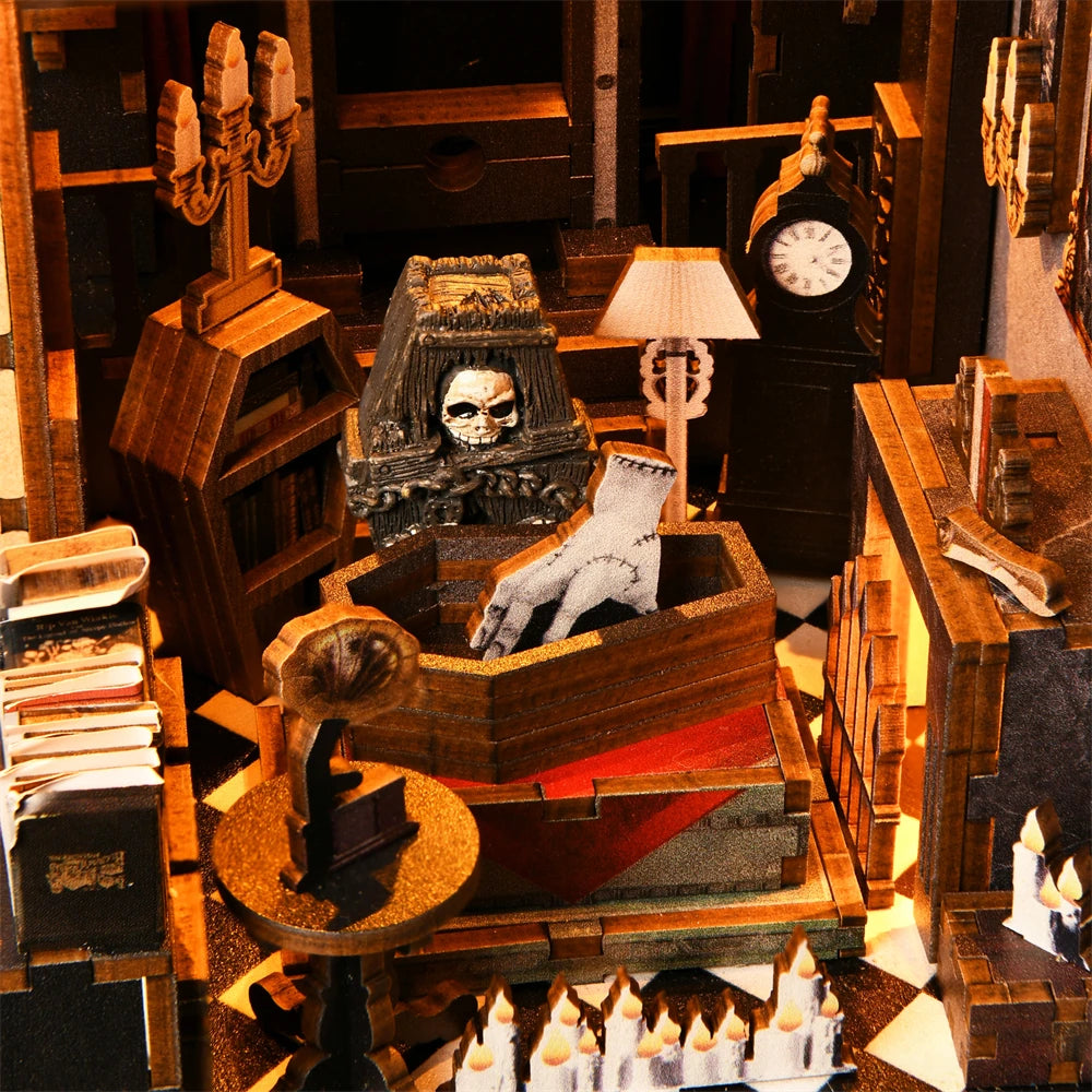 Robotime Book Nook Kit Dark Family Gothic Halloween DIY Wooden Puzzle Bookshelf Insert Decor Gift