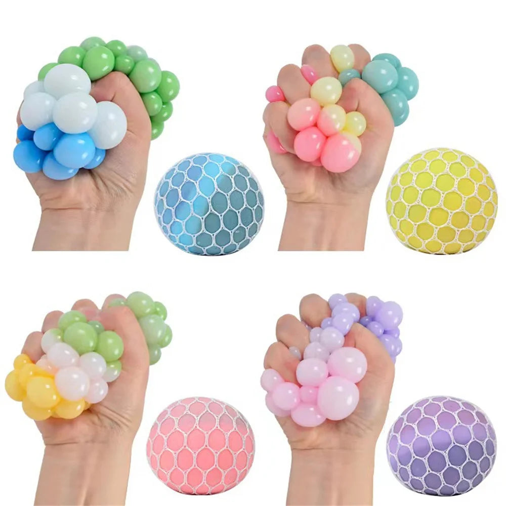 Colorful Mesh Grape Squeeze Balls Rainbow Squishy Ball Sensory Stress Ball Fidget Toys for Stress Relief Office Birthday Gift