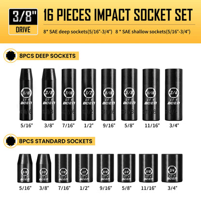 BOEN 3/8" Drive Impact Socket Set, 57-Piece Standard SAE (5/16 to 3/4 inch) and Metric (8-22mm), Include Ratchet Handle,