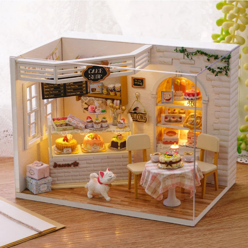 Kitten Mini Dollhouse 3D Puzzle Assembly Kit Creative Bedroom Decor with Furniture Wooden Craft Gift