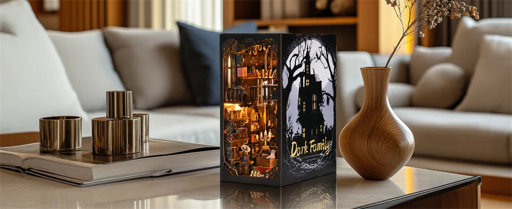 Robotime Book Nook Kit Dark Family Gothic Halloween DIY Wooden Puzzle Bookshelf Insert Decor Gift