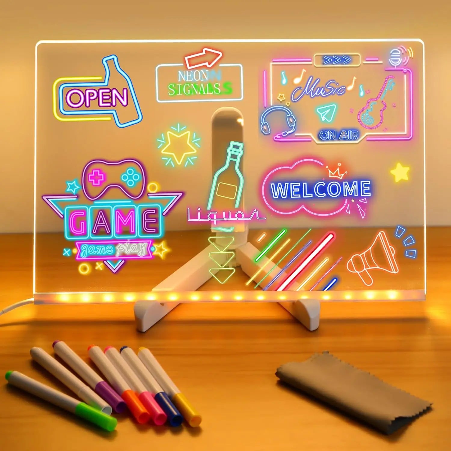 DIY LED Note Board With Night Light Colorful 7 Pens Acrylic Message Board Children‘s Drawing Board For Kids Birthday Gift