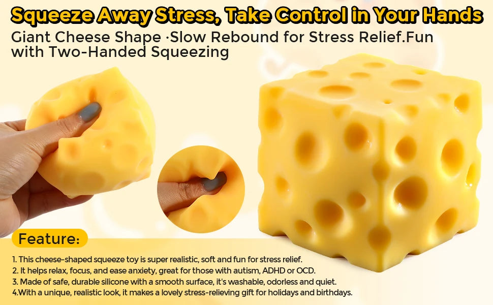 Big Cheese Squishy (10cm), Jumbo Squishy Cheese Block Stress Relief Fidget Toy,Large Size Viral Squeeze Toys for Holiday & Birthday Gifts (4 Inch)