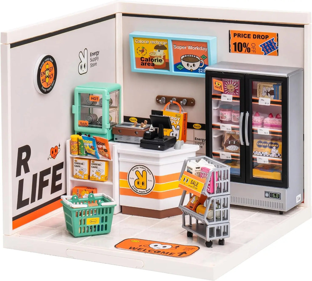 Robotime Mini Dollhouse Kit 1:20 Fruit Store Cafe with LED Lights DIY Gift for Teens Adults