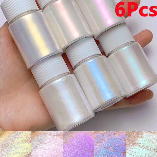 6Pcs/Set Aurora Mermaid Nail Art Powder High-Gloss Polarized White Pearl Chrome Pigment Chameleon Manicure Rubbing Mica Dust *&