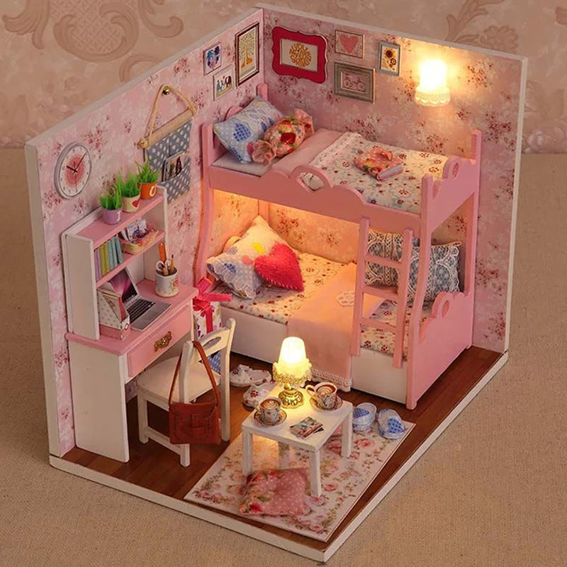 Kitten Mini Dollhouse 3D Puzzle Assembly Kit Creative Bedroom Decor with Furniture Wooden Craft Gift