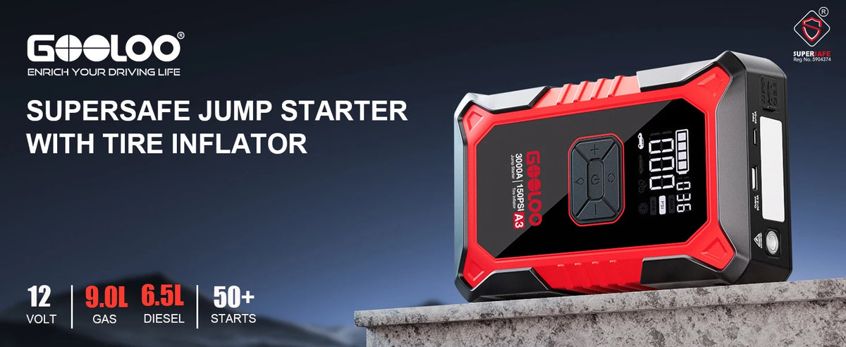 GOOLOO A3 Jump Starter with Air Compressor, 3000A Portable Car Battery Booster (9.0 Gas/6.5L Diesel) with 150PSI Auto-Shutoff Ti