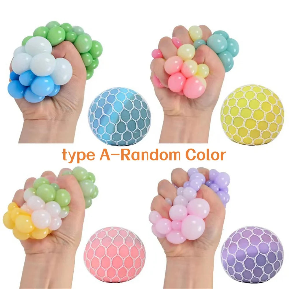 Colorful Mesh Grape Squeeze Balls Rainbow Squishy Ball Sensory Stress Ball Fidget Toys for Stress Relief Office Birthday Gift