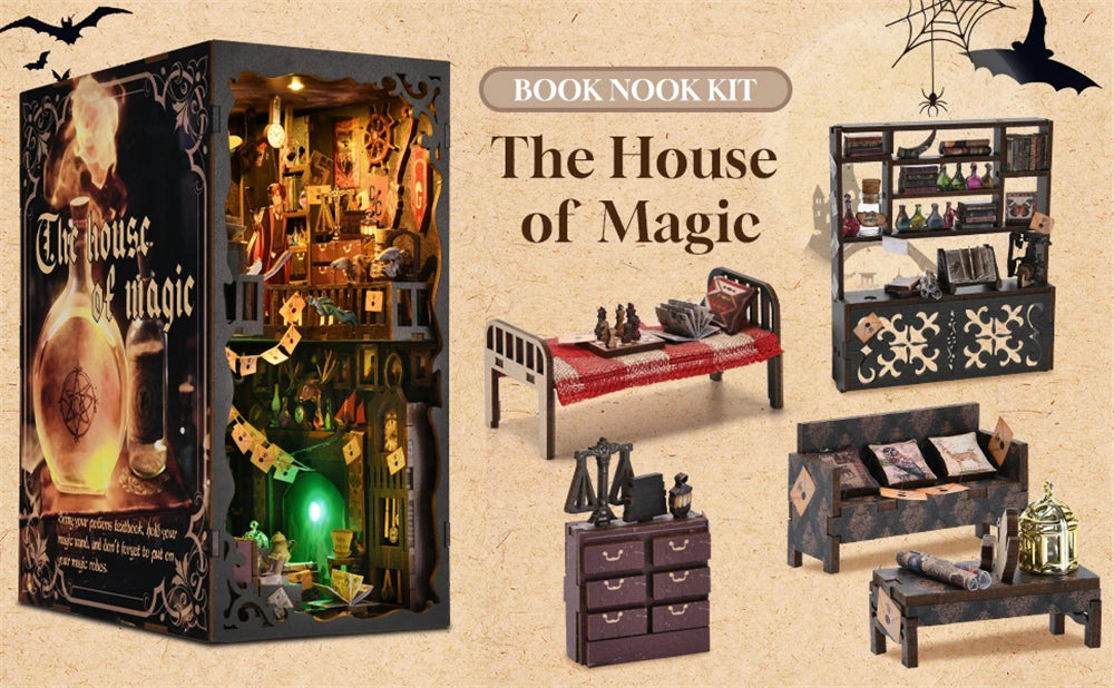 Robotime Book Nook Kit Magic House DIY Wooden Puzzle Bookshelf Insert Fantasy Decor Gift Adults Teens
