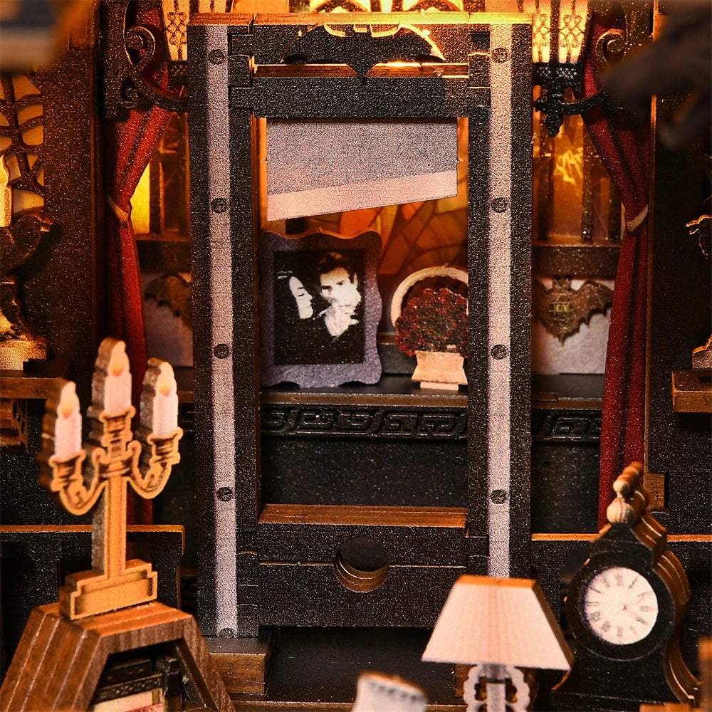 Robotime Book Nook Kit Dark Family Gothic Halloween DIY Wooden Puzzle Bookshelf Insert Decor Gift