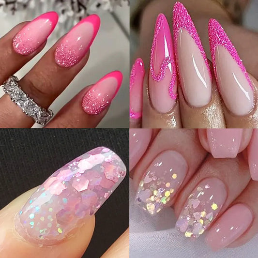12Grid Pink Glitter Nail Powder Mixed Holographic Hexagon Irregular Flakes Sliced Sparkly Crystal Sequins Pigment Manicure Decor