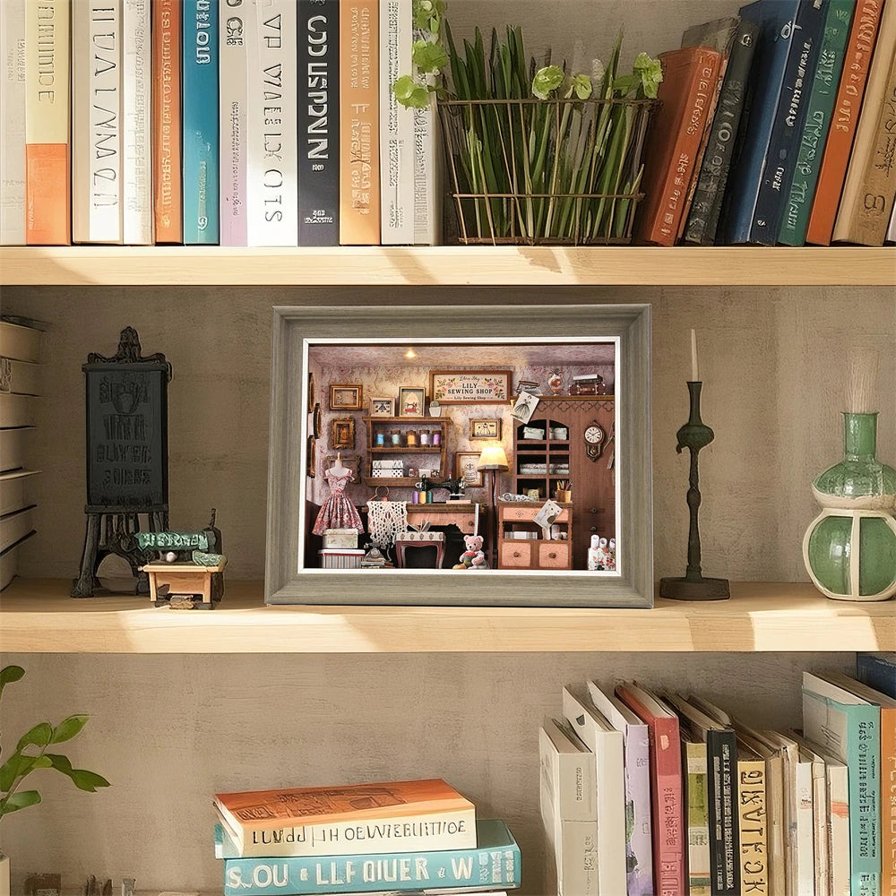 Robotime Book Nook Kit Tailor's Shop DIY Wooden Puzzle Bookshelf Insert Decor Gift for Adults Teens