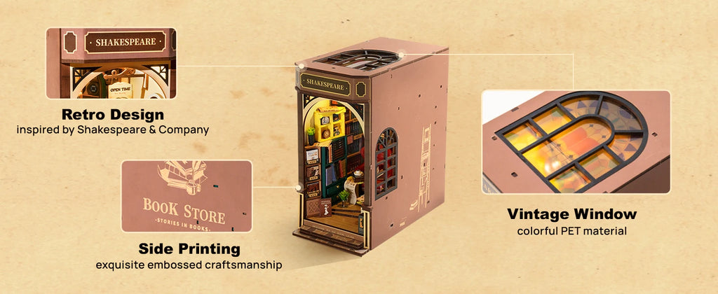 Robotime Book Nook Kit Bookstore TGB07 DIY Miniature Bookshelf Insert with Lights Gift Adults Kids