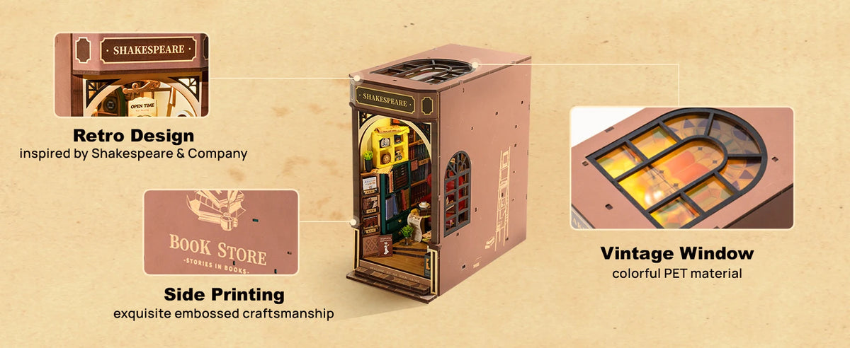 Robotime Book Nook Kit Bookstore TGB07 DIY Miniature Bookshelf Insert with Lights Gift Adults Kids