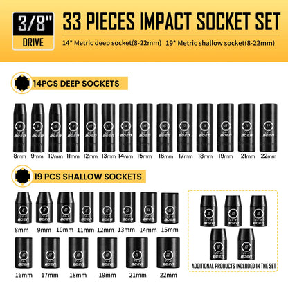 BOEN 3/8" Drive Impact Socket Set, 57-Piece Standard SAE (5/16 to 3/4 inch) and Metric (8-22mm), Include Ratchet Handle,