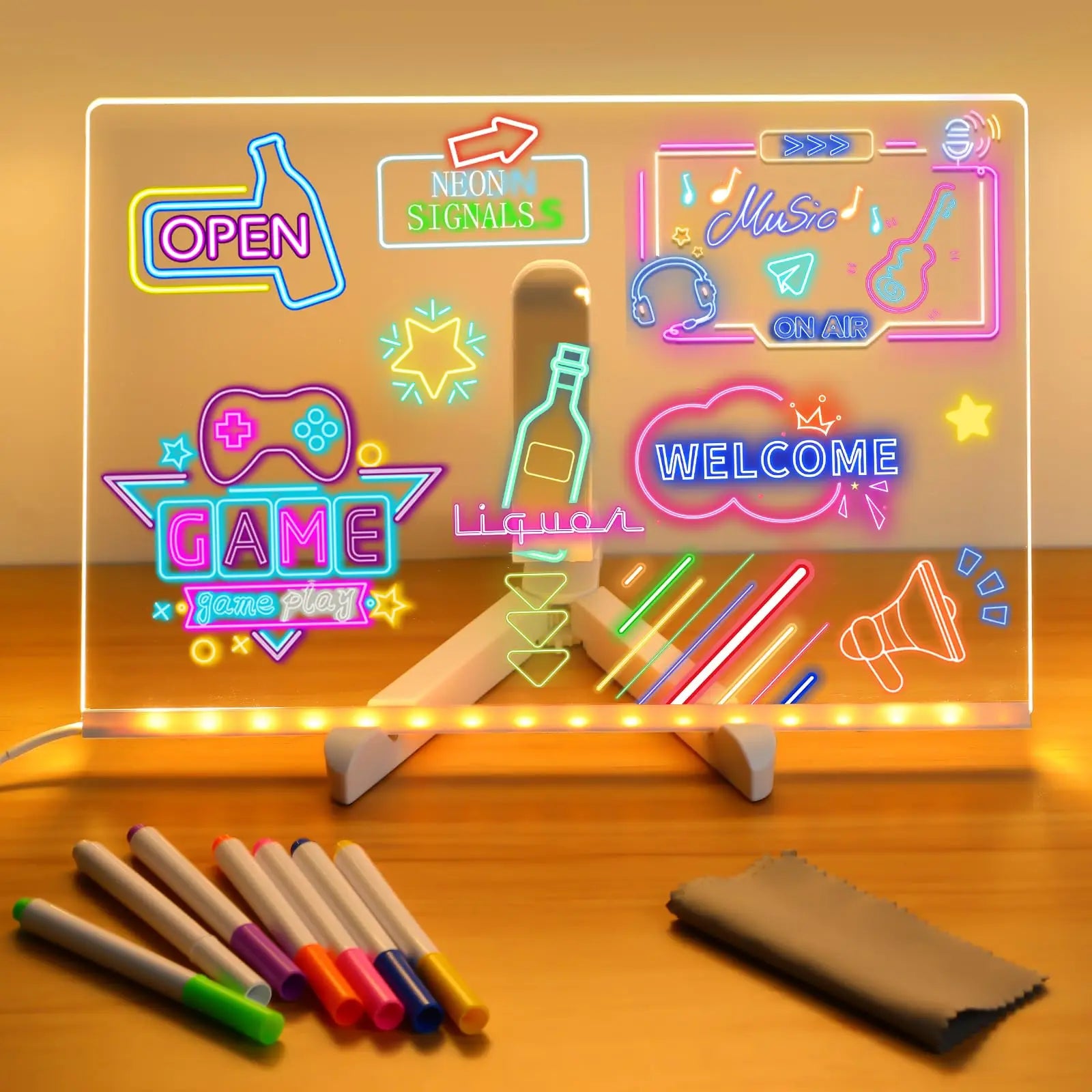 DIY LED Note Board With Night Light Colorful 7 Pens Acrylic Message Board Children‘s Drawing Board For Kids Birthday Gift
