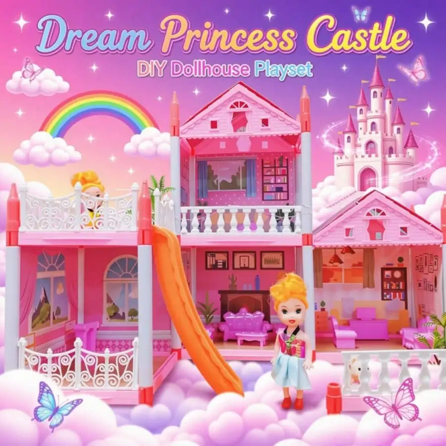 Children's Day Best Gift Princess Castle Dollhouse Playset, DIY Pink 4-Room House with Slide & Dolls, Creative Pretend Play Toy for Girls Ages 3-12