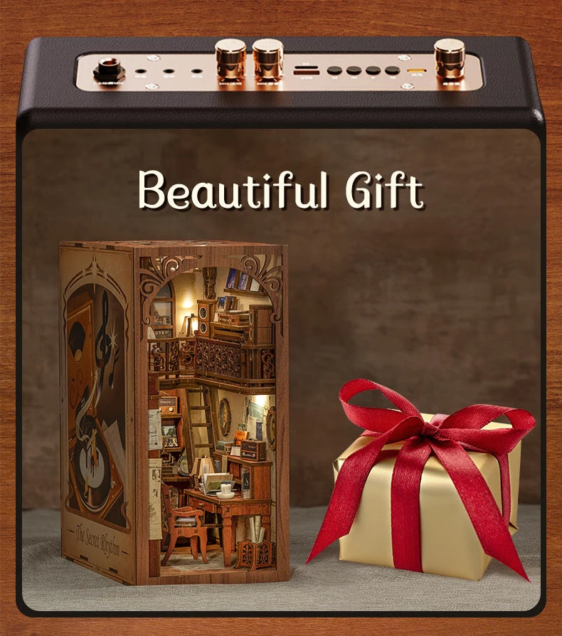 CUTEBEE Book Nook Kit Secret Rhythm DIY Miniature Dollhouse Bookshelf Insert Touch Light Dust Cover Gift