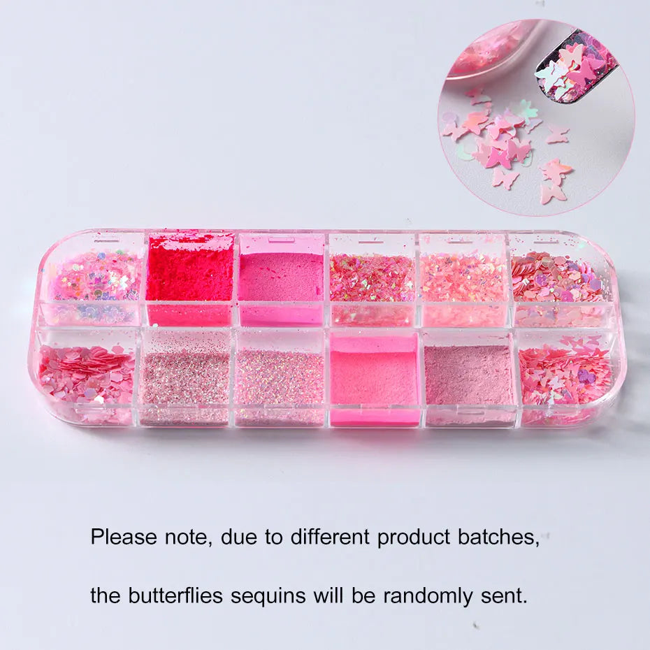 12Grid Pink Glitter Nail Powder Mixed Holographic Hexagon Irregular Flakes Sliced Sparkly Crystal Sequins Pigment Manicure Decor