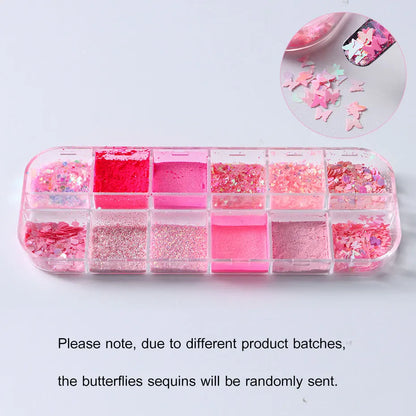 12Grid Pink Glitter Nail Powder Mixed Holographic Hexagon Irregular Flakes Sliced Sparkly Crystal Sequins Pigment Manicure Decor