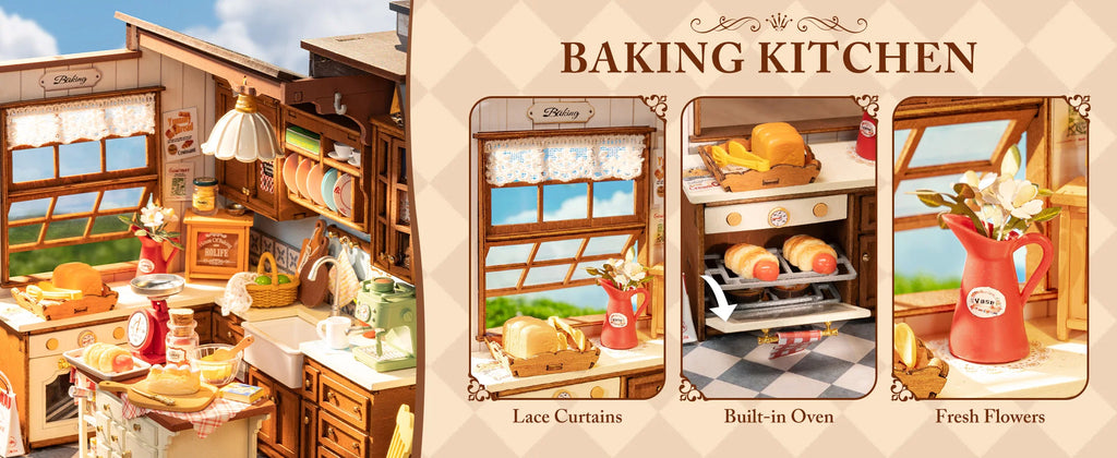 Robotime Rolife Baking Kitchen DIY Miniature Dollhouse Kit DG172 Gift for Women Girls Craft Hobby