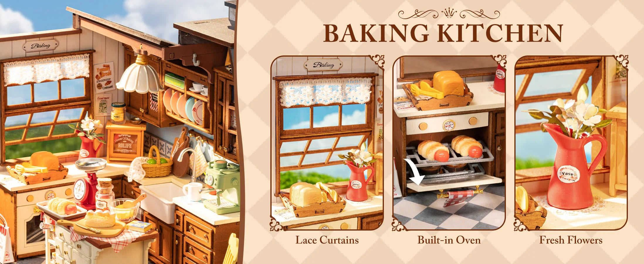 Robotime Rolife Baking Kitchen DIY Miniature Dollhouse Kit DG172 Gift for Women Girls Craft Hobby