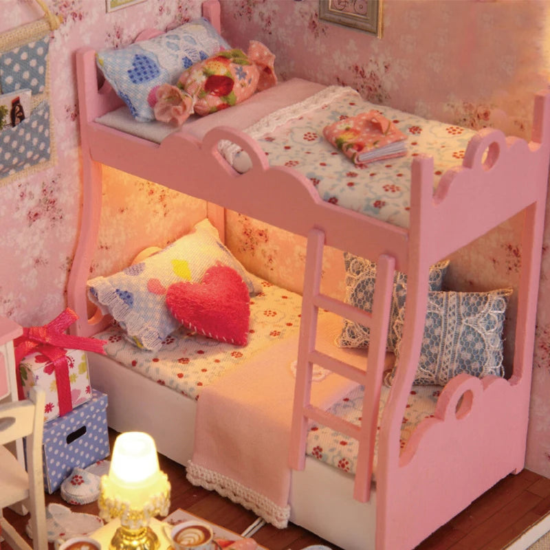Kitten Mini Dollhouse 3D Puzzle Assembly Kit Creative Bedroom Decor with Furniture Wooden Craft Gift