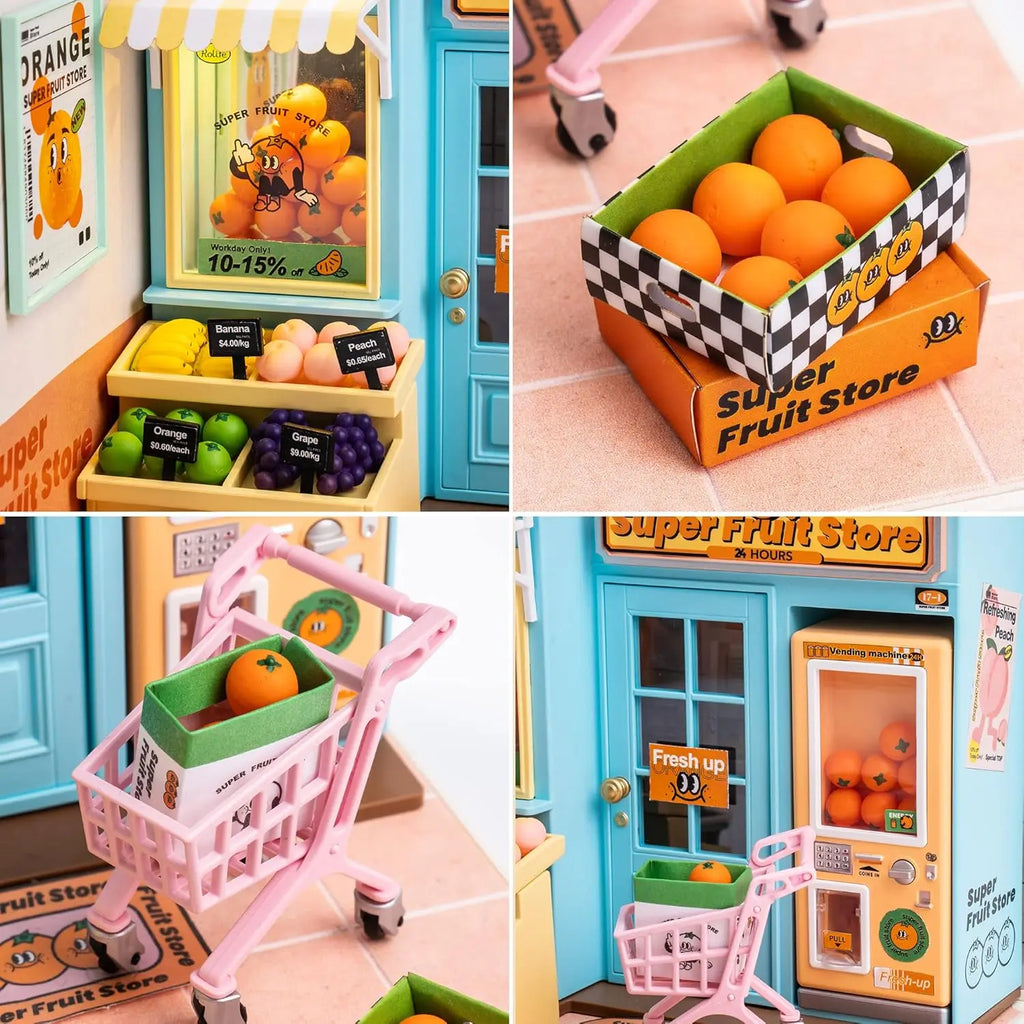 Robotime Mini Dollhouse Kit 1:20 Fruit Store Cafe with LED Lights DIY Gift for Teens Adults