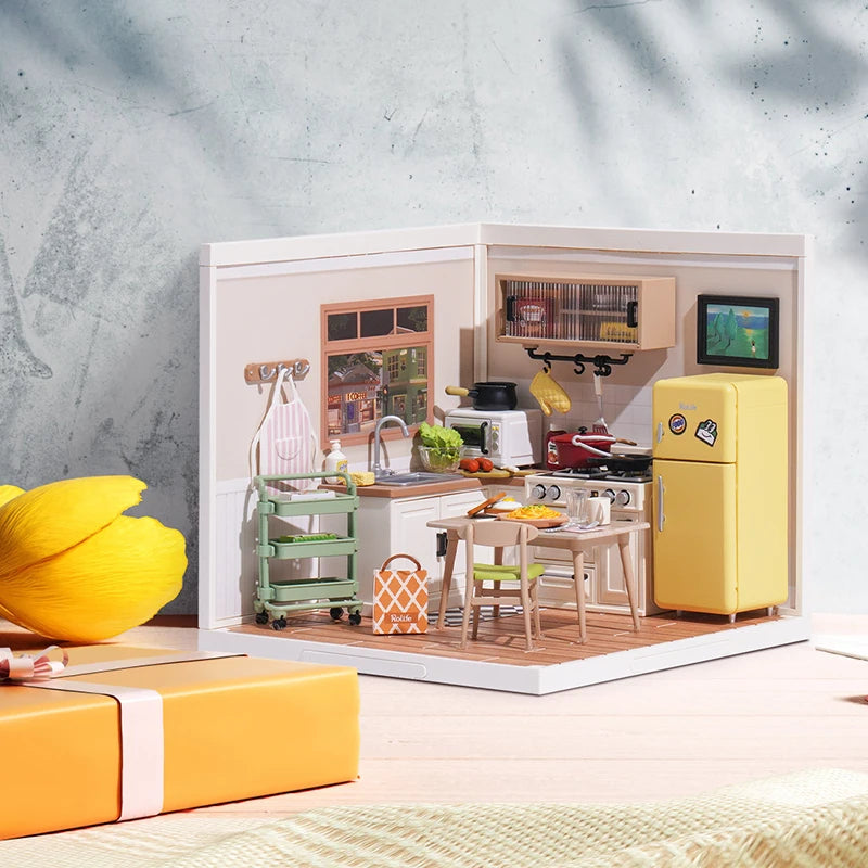 Robotime Rolife Happy Meals Kitchen DIY Miniature House Kit 3D Puzzle Building Blocks Gift Kids Adults