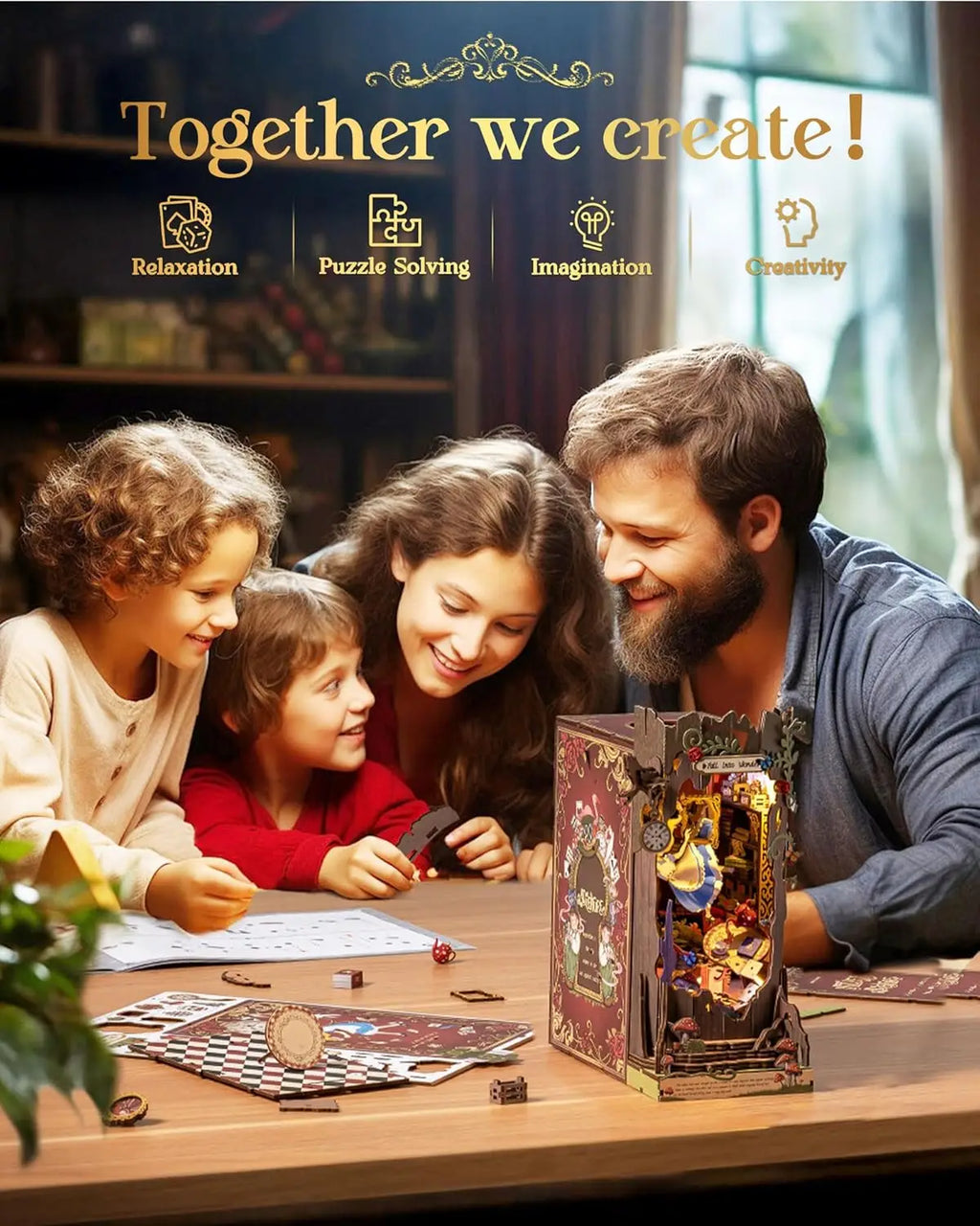 Robotime Book Nook Kit Fall into Wonder DIY Miniature Bookshelf Insert with Lights 3D Puzzle Gift
