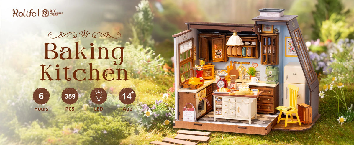 Robotime Rolife Baking Kitchen DIY Miniature Dollhouse Kit DG172 Gift for Women Girls Craft Hobby