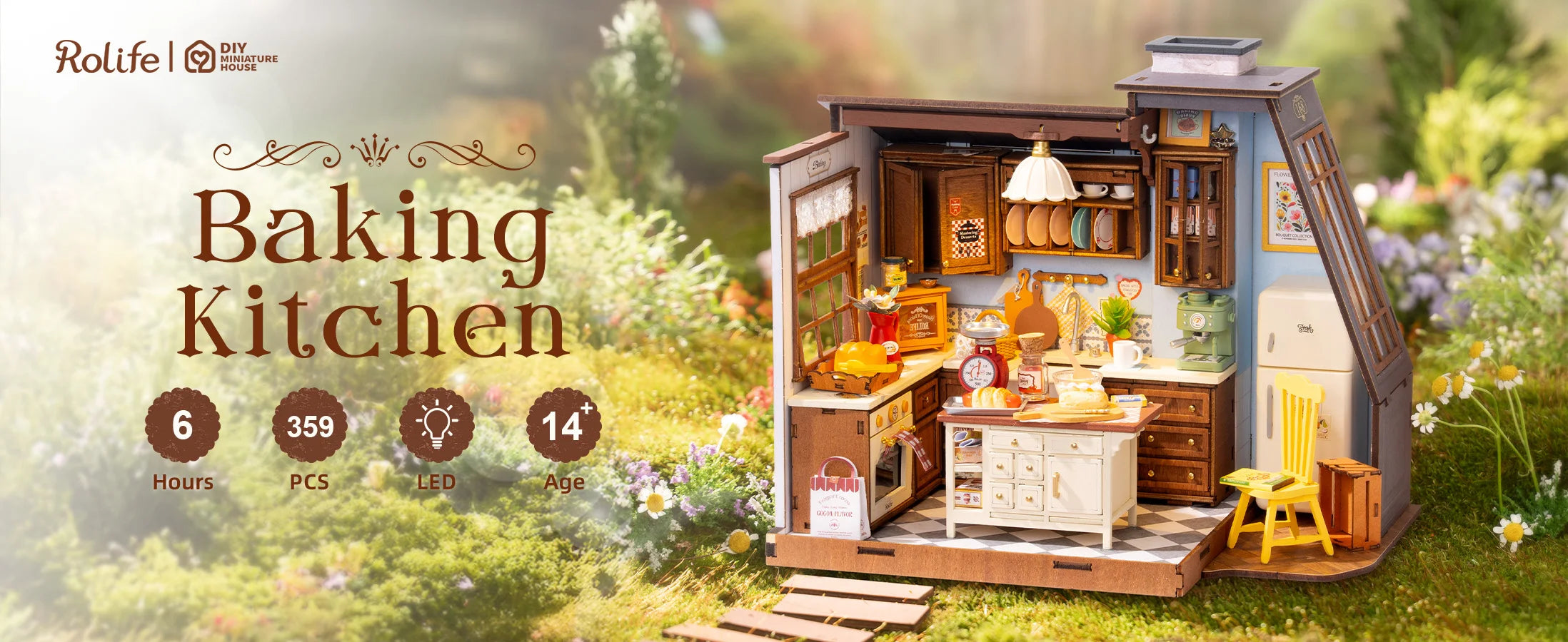 Robotime Rolife Baking Kitchen DIY Miniature Dollhouse Kit DG172 Gift for Women Girls Craft Hobby
