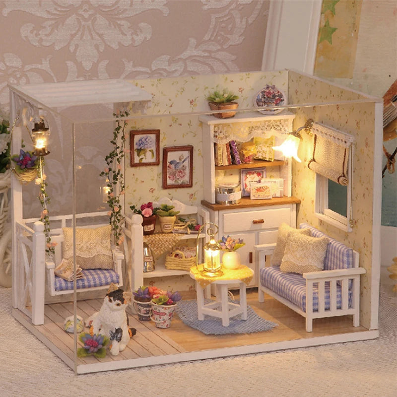 Kitten Mini Dollhouse 3D Puzzle Assembly Kit Creative Bedroom Decor with Furniture Wooden Craft Gift