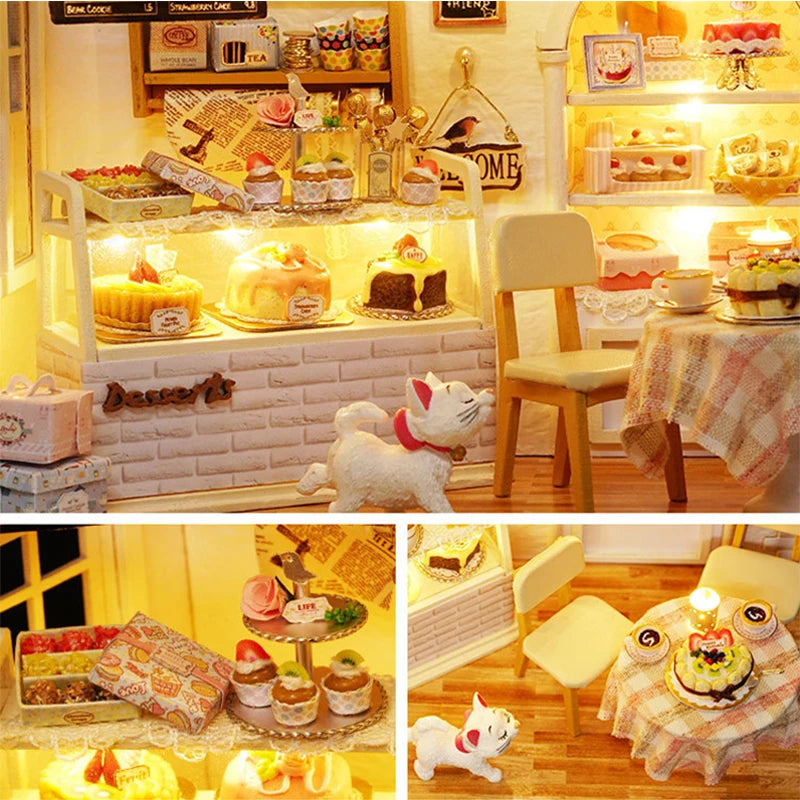 Kitten Mini Dollhouse 3D Puzzle Assembly Kit Creative Bedroom Decor with Furniture Wooden Craft Gift