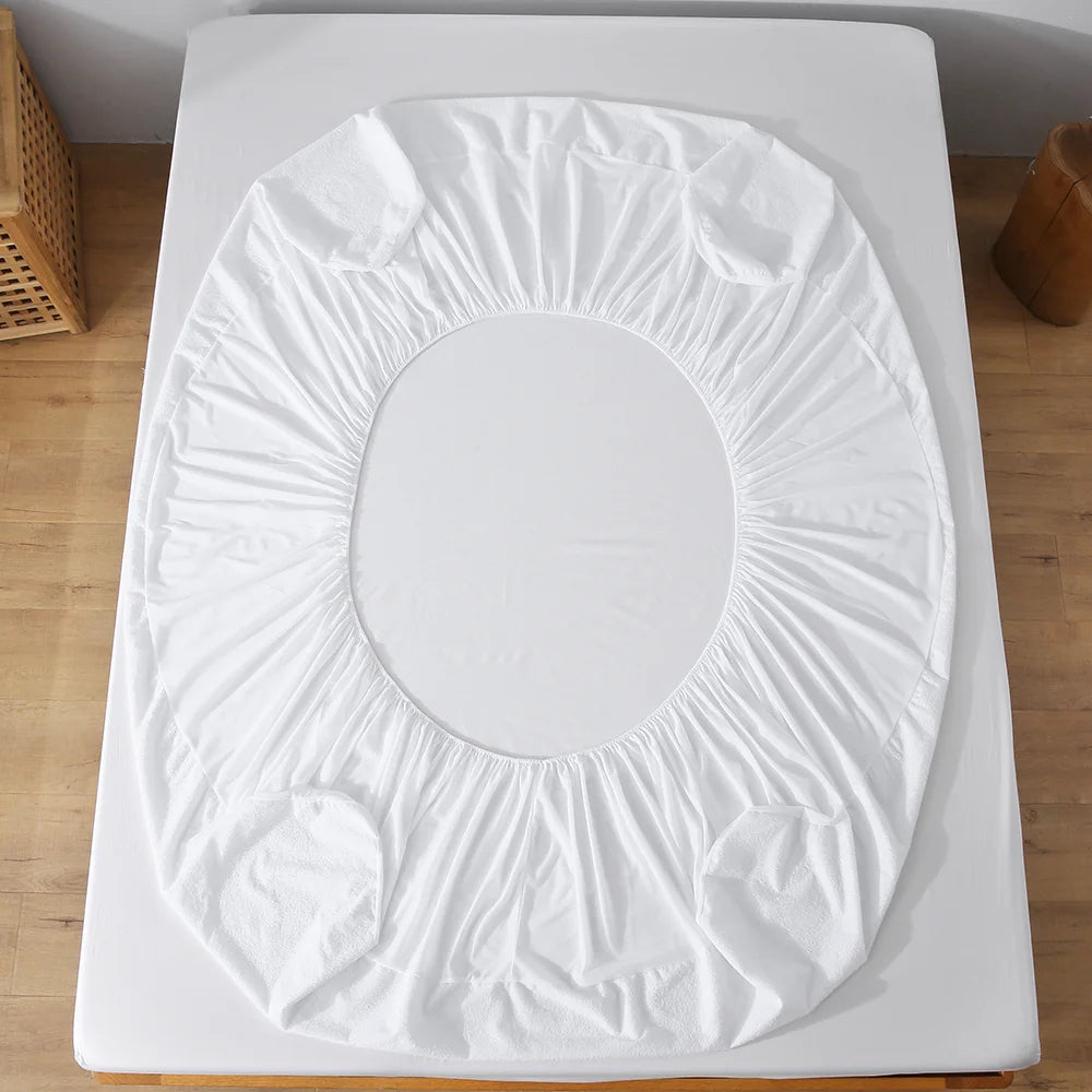 1pc Soft Terry Cloth Waterproof Elastic Fitted Sheet, Breathable Terry Mattress Protector Knitted Bed Cover with Deep Pocket