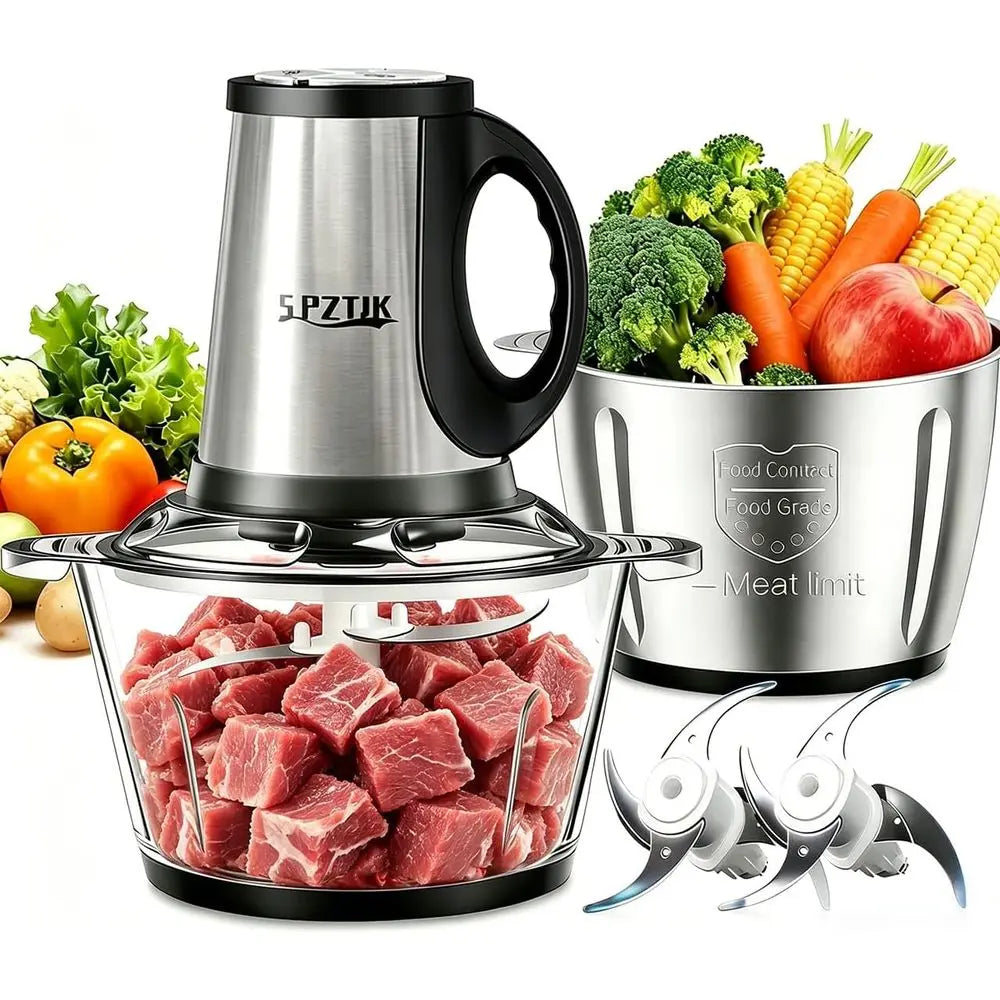 3-Speed Electric Food Processor: Meat Grinder, Vegetable Chopper & Baby Food Maker - 300W, 2 Bowls (8 Cup Stainless Steel+8 Cup