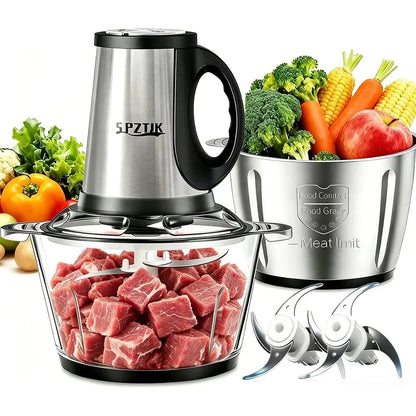 3-Speed Electric Food Processor: Meat Grinder, Vegetable Chopper & Baby Food Maker - 300W, 2 Bowls (8 Cup Stainless Steel+8 Cup