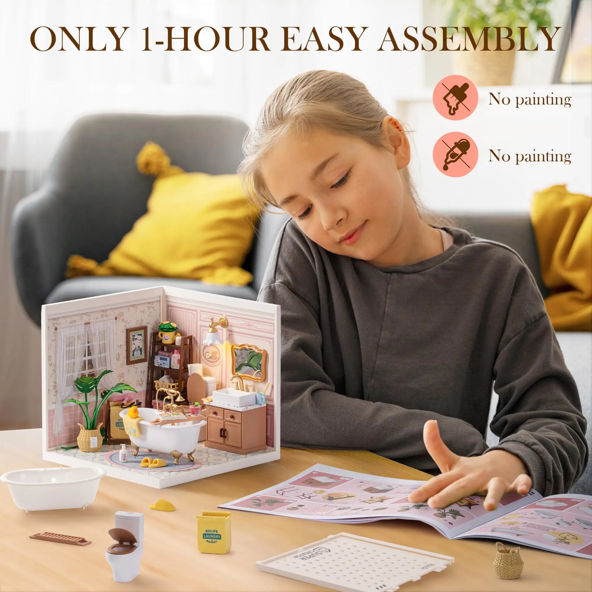 ROBOTIME DIY Miniature House Kit, Dollhouse Model Building Kit Birthday Creative Gifts for Adults, Kids (Pop Bubble Bathroom)