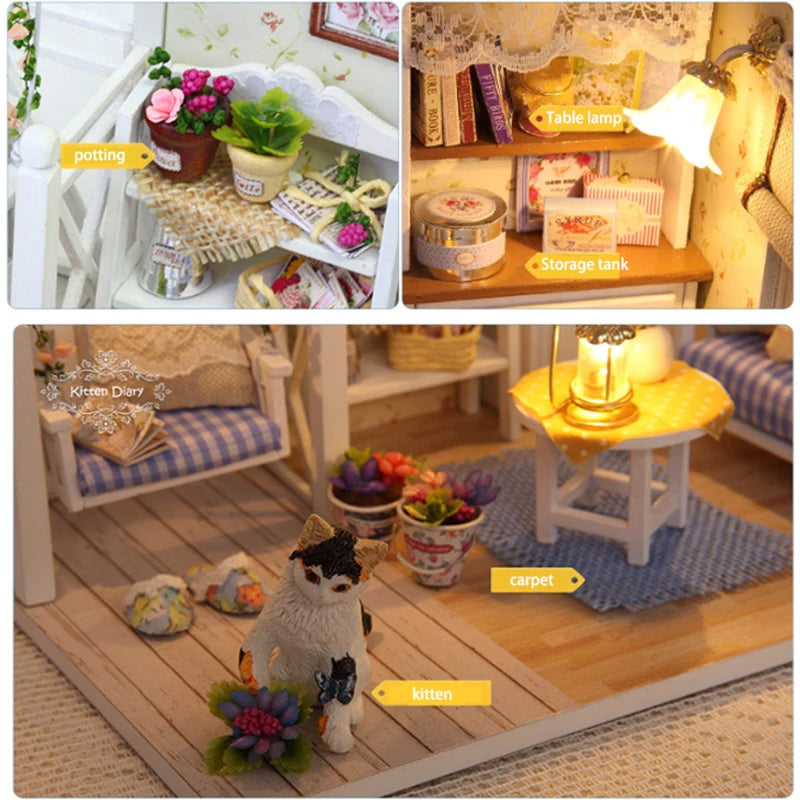 Kitten Mini Dollhouse 3D Puzzle Assembly Kit Creative Bedroom Decor with Furniture Wooden Craft Gift