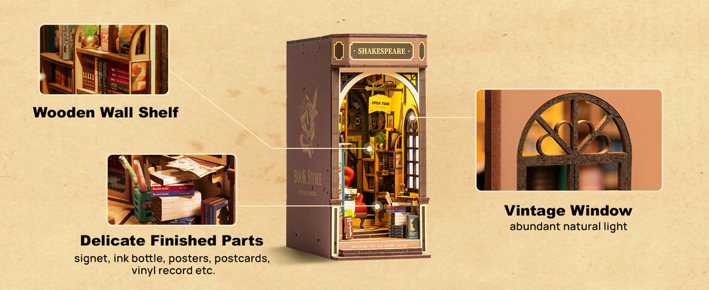Robotime Book Nook Kit Bookstore TGB07 DIY Miniature Bookshelf Insert with Lights Gift Adults Kids