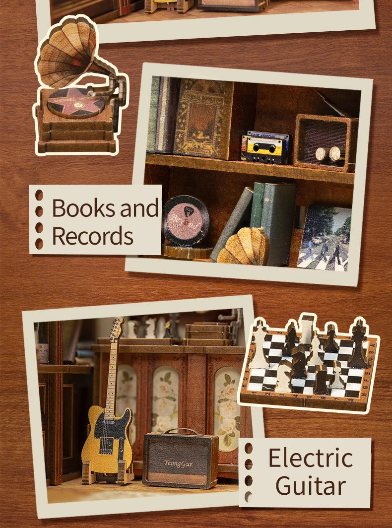 CUTEBEE Book Nook Kit Secret Rhythm DIY Miniature Dollhouse Bookshelf Insert Touch Light Dust Cover Gift