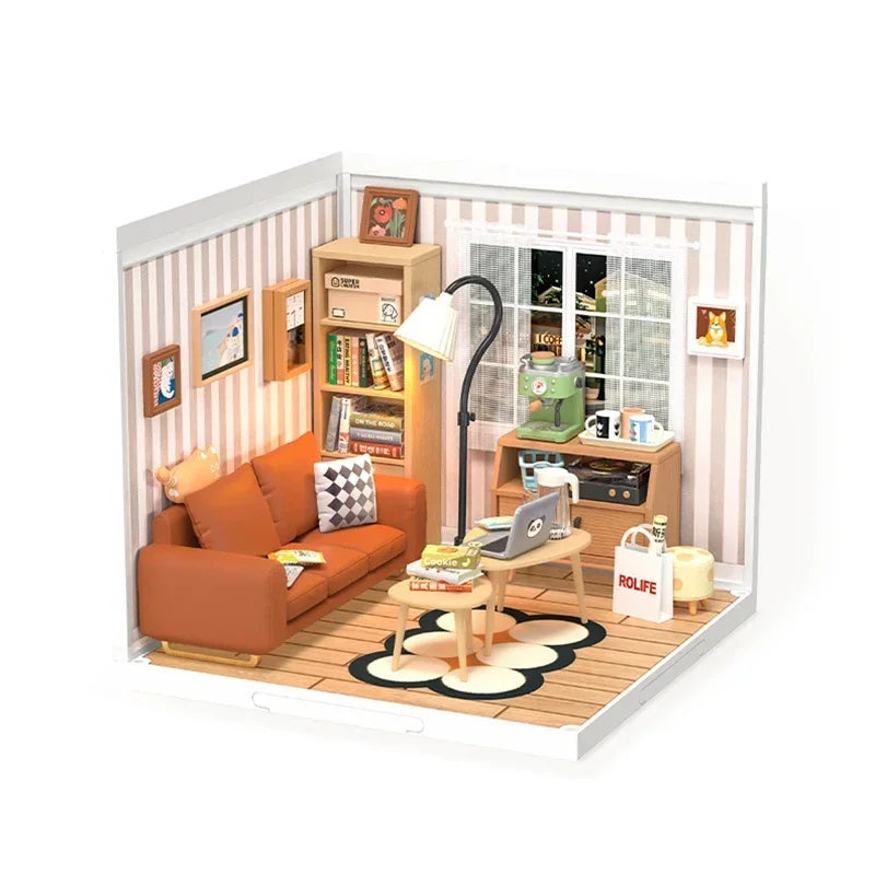 Robotime Rolife Cozy Living Lounge DIY Miniature House Kit 3D Puzzle Building Blocks Gift Adults Kids