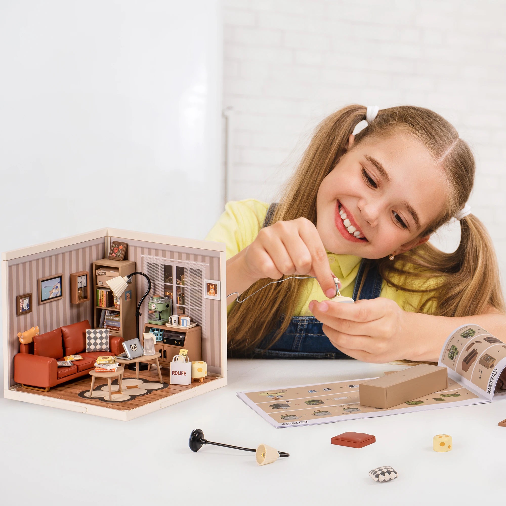 Robotime Rolife Cozy Living Lounge DIY Miniature House Kit 3D Puzzle Building Blocks Gift Adults Kids