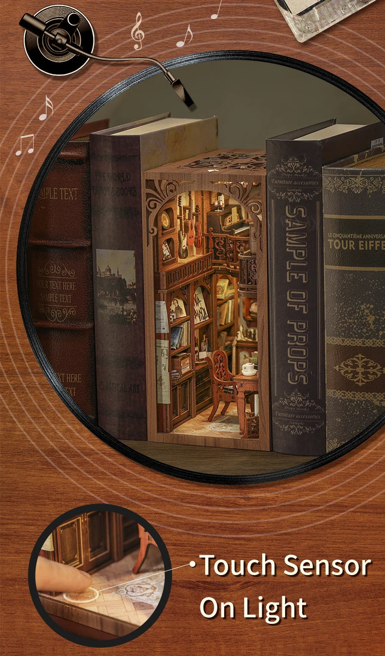 CUTEBEE Book Nook Kit Secret Rhythm DIY Miniature Dollhouse Bookshelf Insert Touch Light Dust Cover Gift