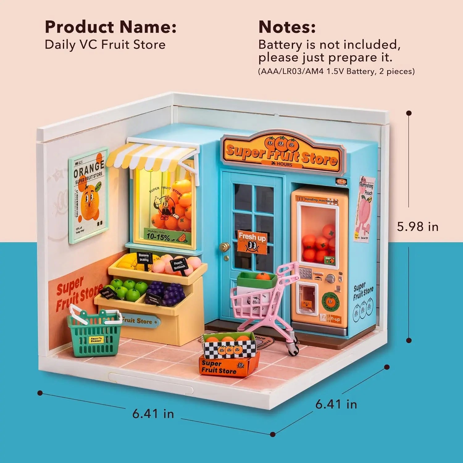 Robotime Mini Dollhouse Kit 1:20 Fruit Store Cafe with LED Lights DIY Gift for Teens Adults