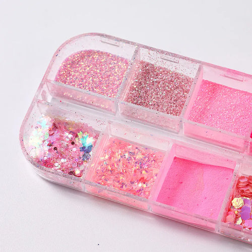 12Grid Pink Glitter Nail Powder Mixed Holographic Hexagon Irregular Flakes Sliced Sparkly Crystal Sequins Pigment Manicure Decor