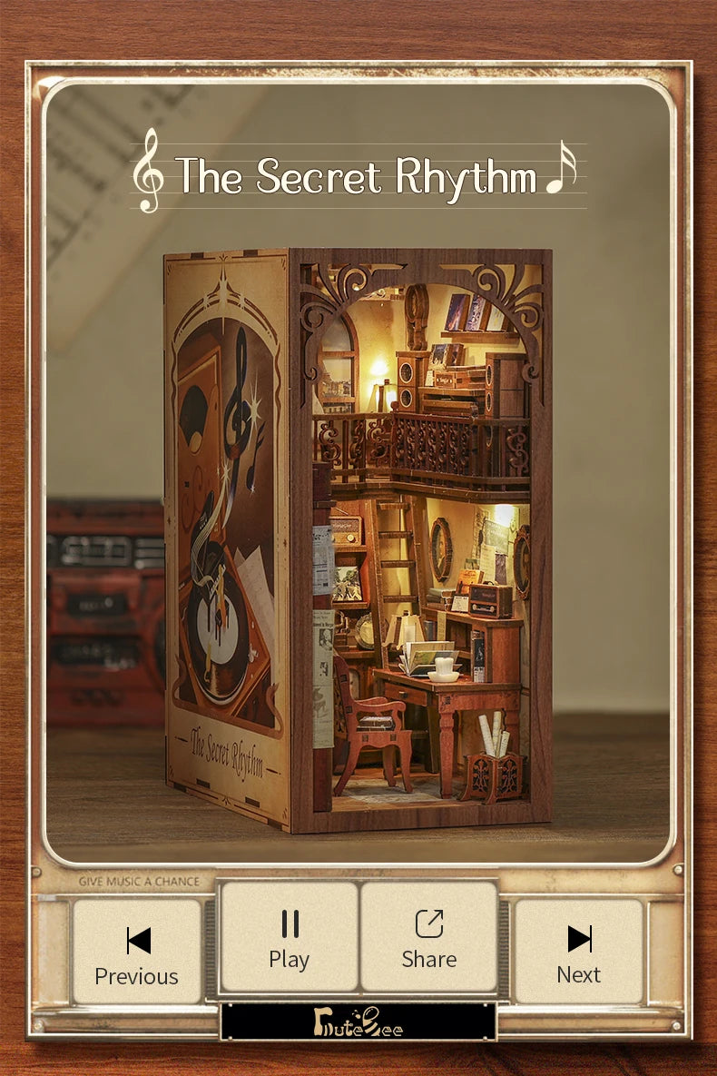 CUTEBEE Book Nook Kit Secret Rhythm DIY Miniature Dollhouse Bookshelf Insert Touch Light Dust Cover Gift