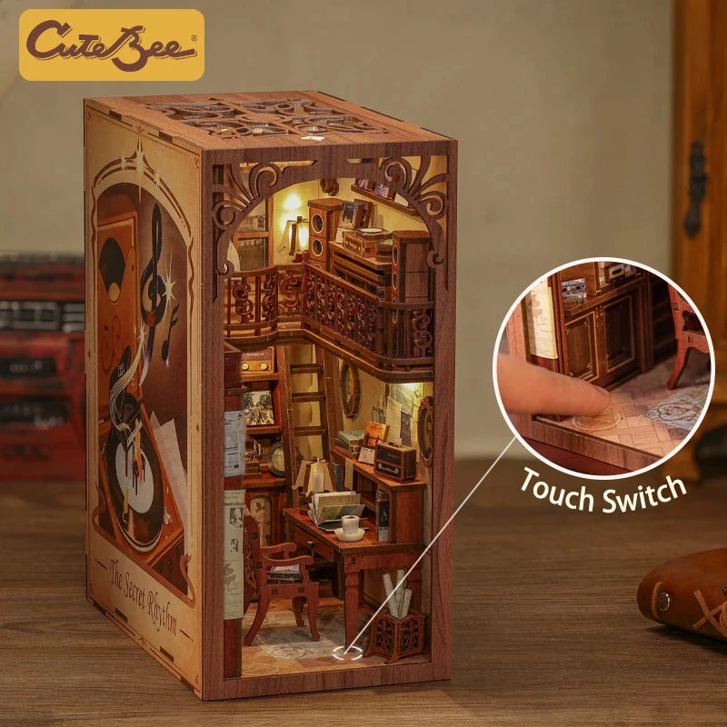 CUTEBEE Book Nook Kit Secret Rhythm DIY Miniature Dollhouse Bookshelf Insert Touch Light Dust Cover Gift